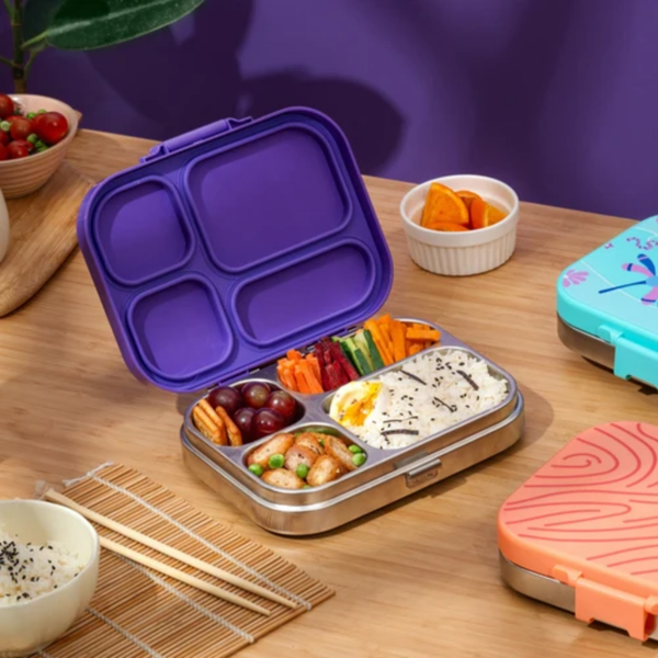 Basil 4 Compartment Stainless steel Lunchbox with Plastic lid - Purple Pop