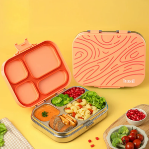 Basil 4 Compartment Stainless steel Lunchbox with Plastic lid - Coral Swirl
