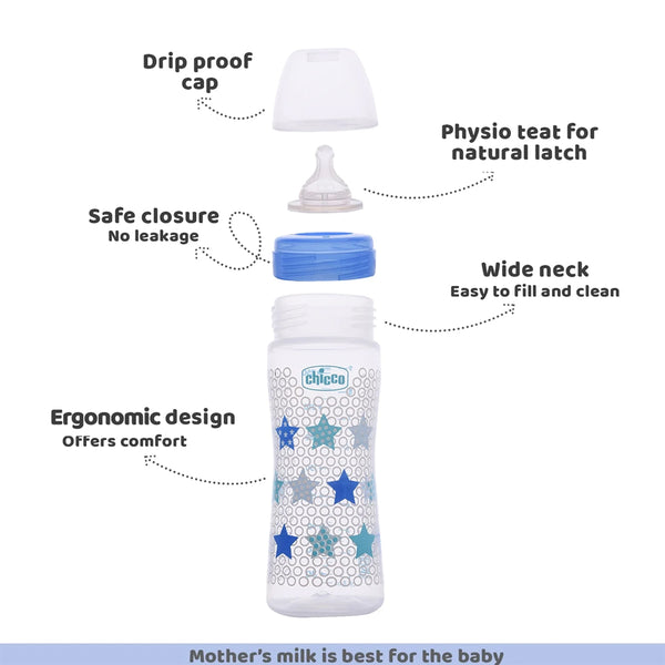 Chicco Well Being 2M+ Medium Flow Baby Bottle 250ml - Blue