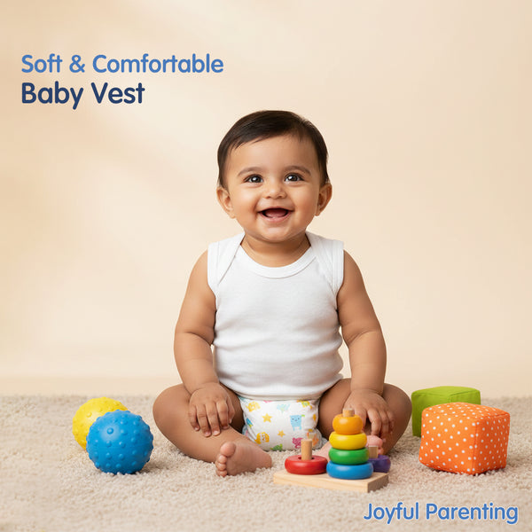 Hopop Baby 100% Soft & Stretchable Cotton Sleeveless Vest – Envelope Neck, White - Dezine Kids