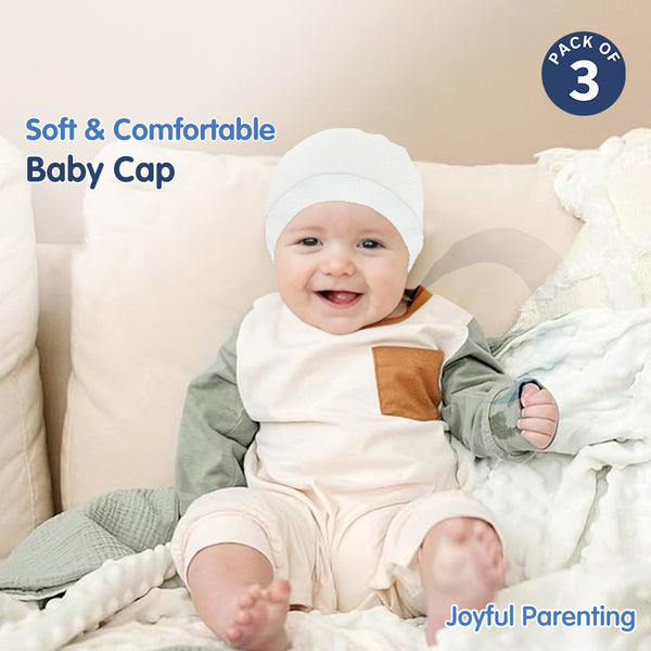 Hopop Soft & Comfortable Cotton Baby Caps Pack of 3 - White - Dezine Kids
