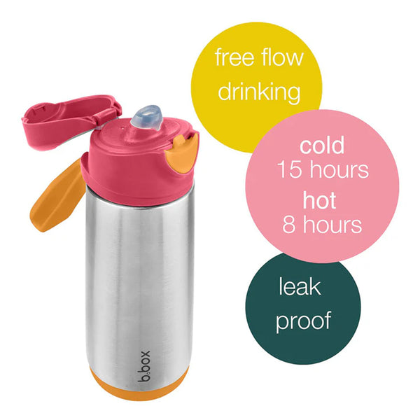 B.Box Insulated Sport Spout Drink Water Bottle 500 ml - Strawberry Shake Pink Orange