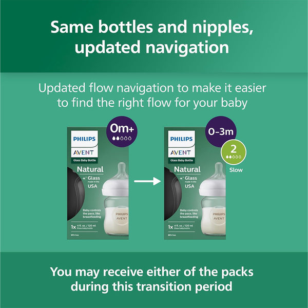 Philips Avent Natural Glass Baby Bottles with Natural Response Nipples (Slow Flow, Flow 2) - 120 ml