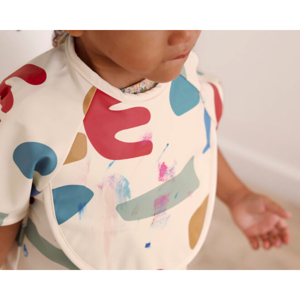 Beaba 2 in 1 Waterproof Bib with Detachable Sleeves, Foldable Food Catcher Pocket - Playful Print - Dezine Kids