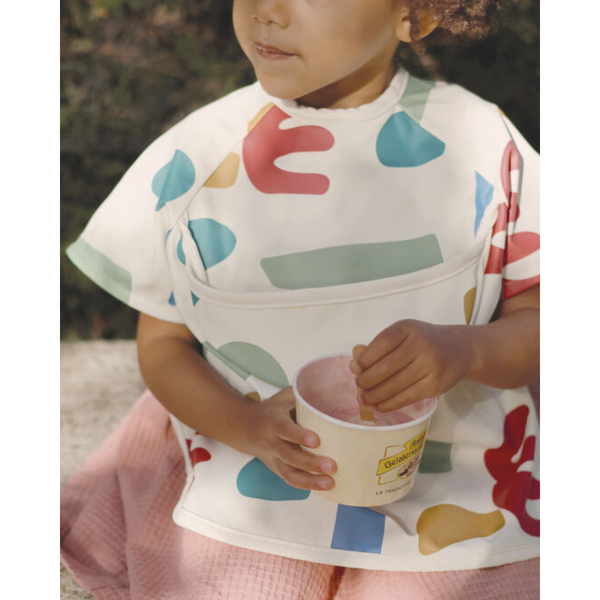 Beaba 2 in 1 Waterproof Bib with Detachable Sleeves, Foldable Food Catcher Pocket - Playful Print - Dezine Kids