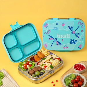 Basil 4 Compartment Stainless steel Lunchbox with Plastic lid - Teal Garden