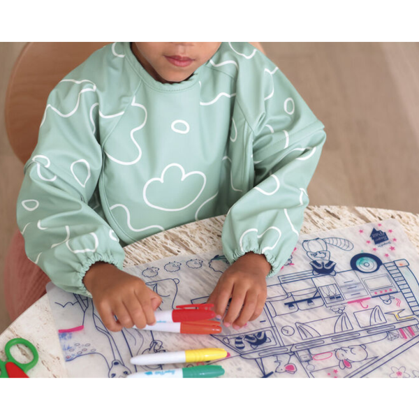 Beaba 2 in 1 Waterproof Bib with Detachable Sleeves, Foldable Food Catcher Pocket - Sage Green - Dezine Kids