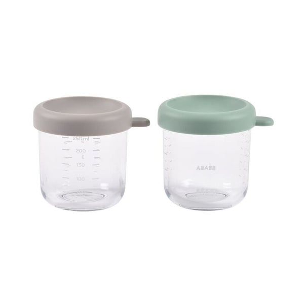 Beaba Glass Storage Container, Airtight Jar with Graduation Measuring Scale, 250ml, Set of 2 - Sage Green & Gazelle - Dezine Kids