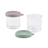 Beaba Glass Storage Container, Airtight Jar with Graduation Measuring Scale, 250ml, Set of 2 - Sage Green & Gazelle - Dezine Kids