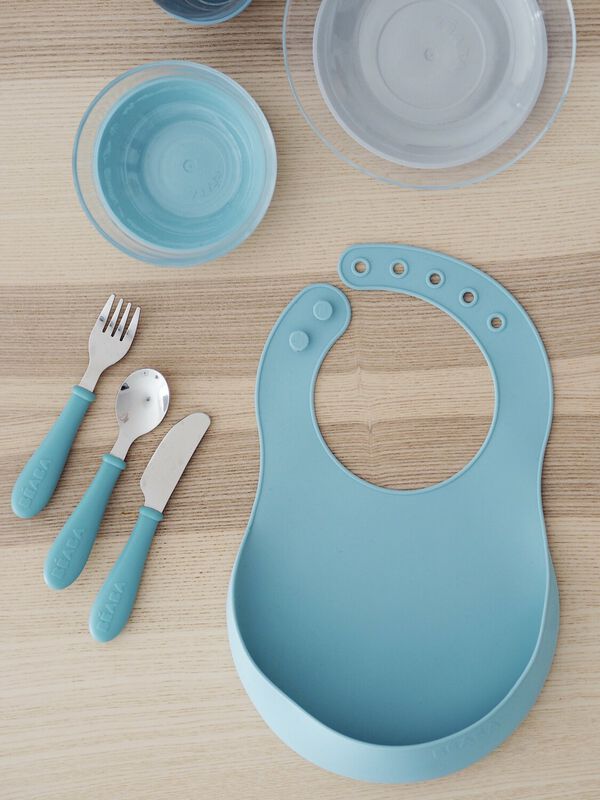 Beaba 3 Piece Stainless Steel Baby Feeding Set - Airy green