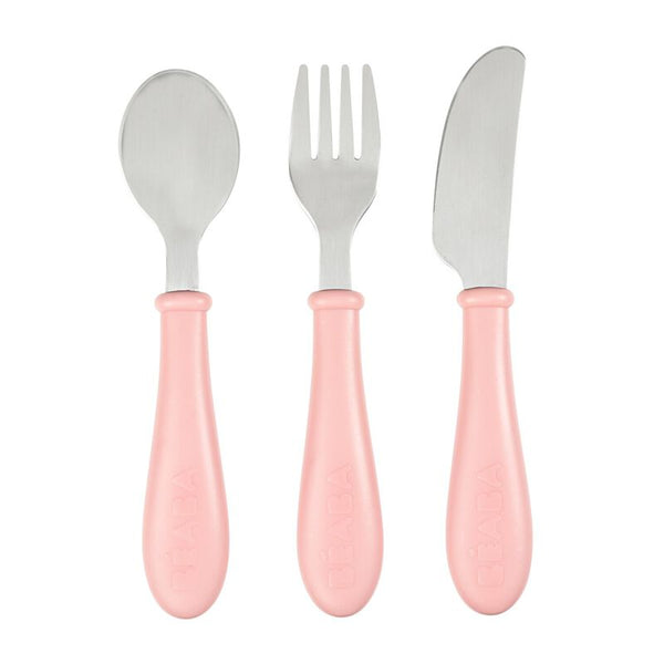 Beaba 3 Piece Stainless Steel Baby Feeding Set - Vintage pink