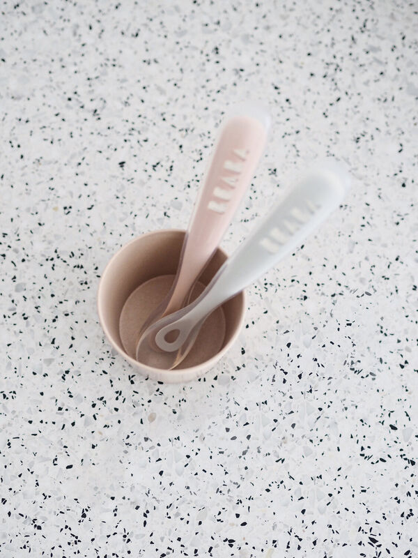 Beaba Set of 2 Easy-Grip 1st Stage Silicone Spoons - Vintage Pink/Light Mist - Dezine Kids