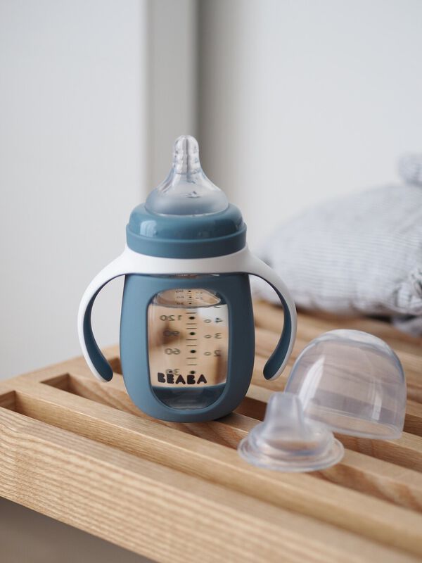 Beaba Glass Bottle With Sleeve - 210Ml Windy Blue - Dezine Kids