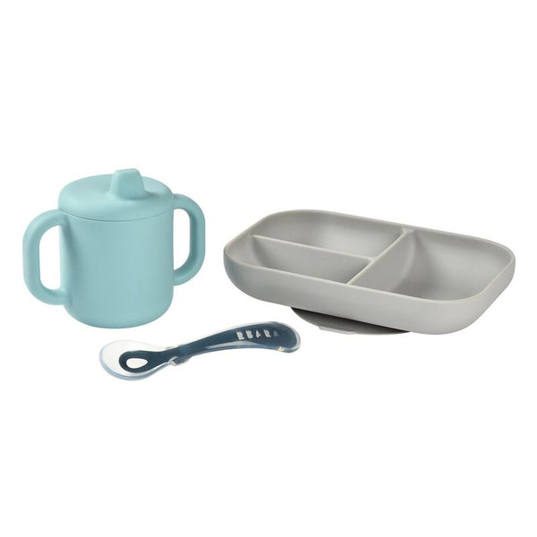 Beaba Silicone 3 Piece Learning Set, Non-Slip, Unbreakable, BPA-Free Baby Feeding - Blue