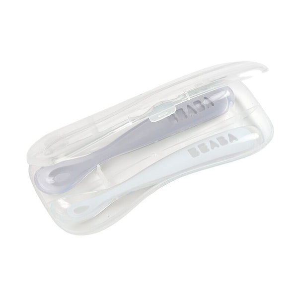 Beaba 1st Stage Silicone Spoon with Ultra Soft Tip, Gum Friendly, Ergonomic Handles, BPA Free, Set of 2 - Pebble/Cloud