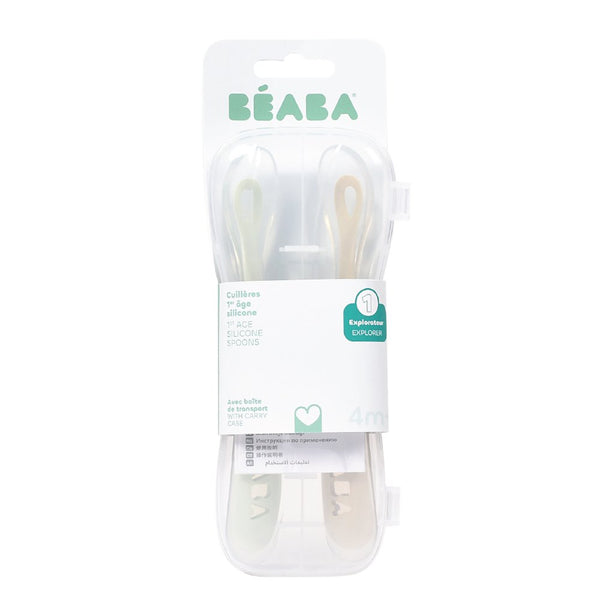 Beaba 1st Stage Silicone Spoon with Ultra Soft Tip, Gum Friendly, Ergonomic Handles, BPA Free, Set of 2 - Clay/Misty Green