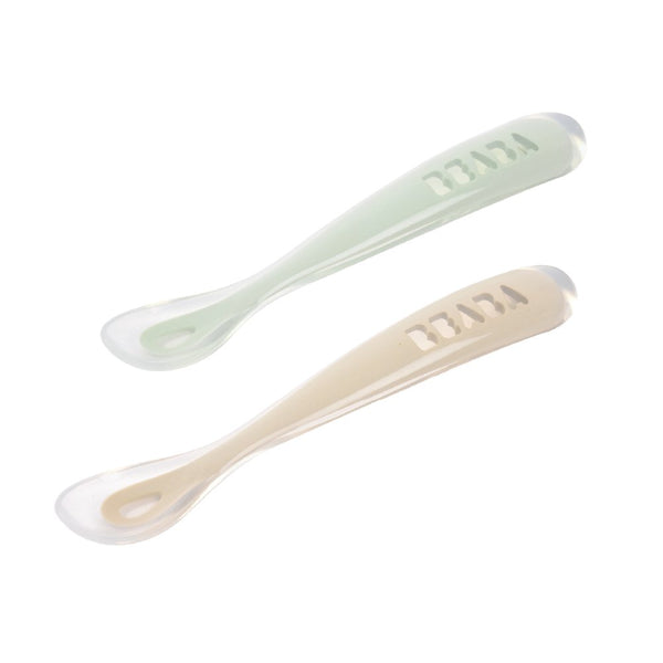Beaba 1st Stage Silicone Spoon with Ultra Soft Tip, Gum Friendly, Ergonomic Handles, BPA Free, Set of 2 - Clay/Misty Green