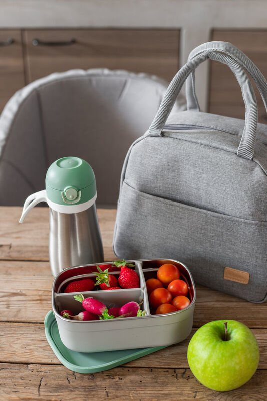 Beaba Stainless Steel Lunch Box with Silicone Lid, Removable Silicone Dividers Make 1-3 Compartments - Velvet Grey/ Sage Green