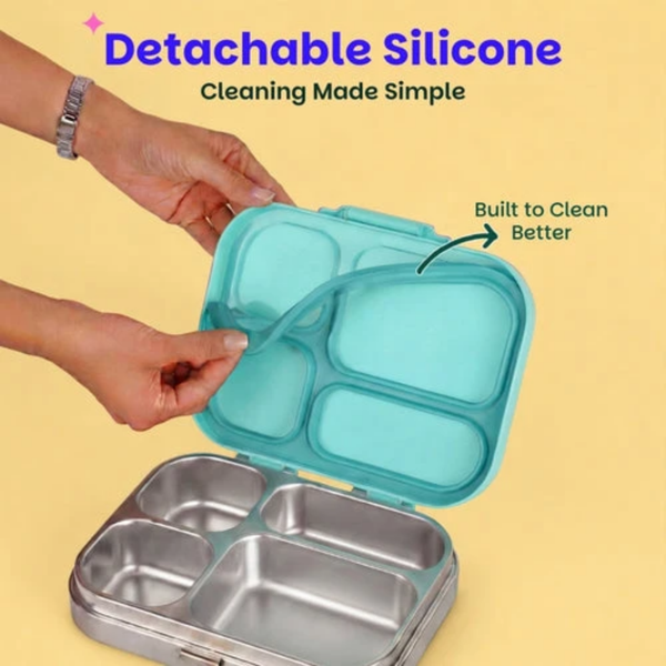 Basil 4 Compartment Stainless steel Lunchbox with Plastic lid - Teal Garden