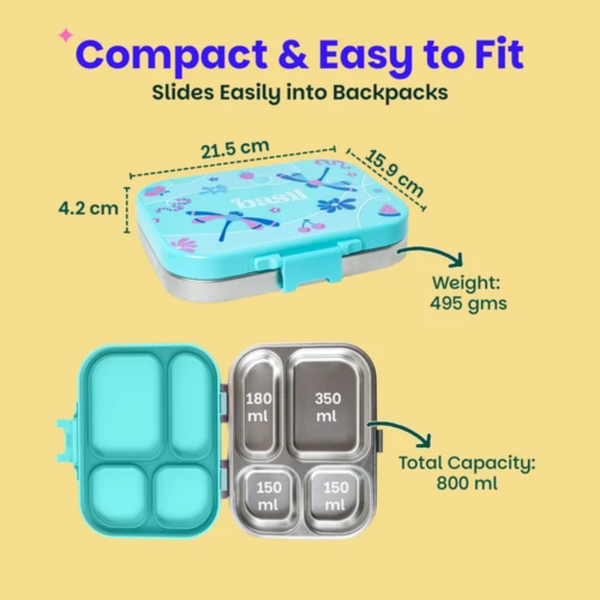 Basil 4 Compartment Stainless steel Lunchbox with Plastic lid - Teal Garden