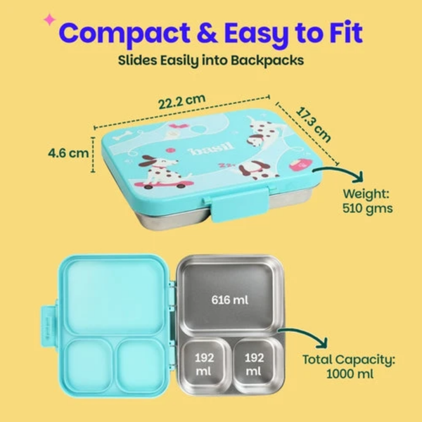 Basil 3 Compartment Stainless Steel Lunchbox with Plastic Lid - Wiggly Woof