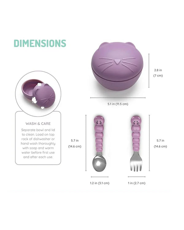 Melii Silicone Bowl With Lid, Spoon & Fork, Airtight & Leakproof Lid - Cat