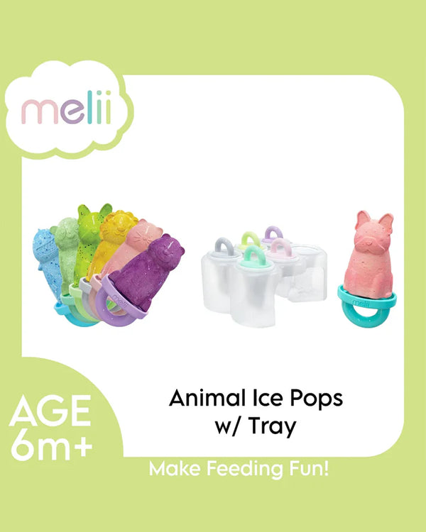 Melii 6 Piece Animal Ice Pops With Tray Feeding Accessories BPA Free Silicone Moulds (6M+) - Multicolor