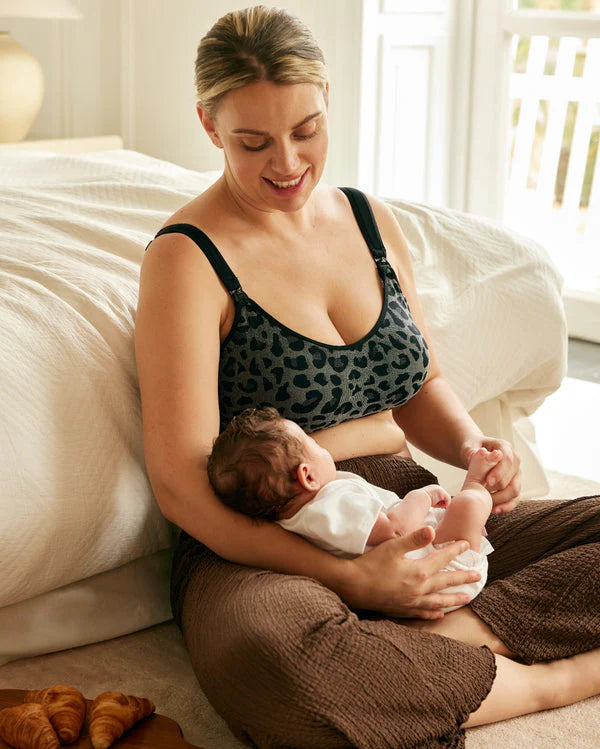 Momcozy 4 in 1 Hand Free Seamless Stretch Fabric Pumping Bra - Leopard Grey