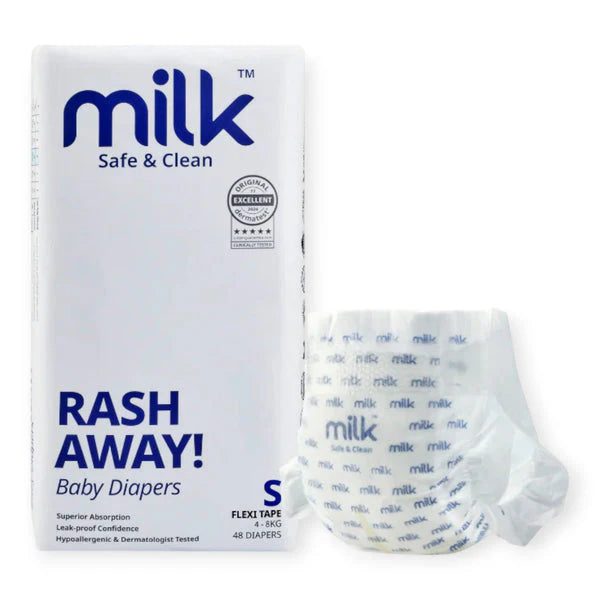 Milk Baby Diaper Flexi Tape , Size S (48 Pcs) 4-8 Kgs, Carton Box - Dezine Kids