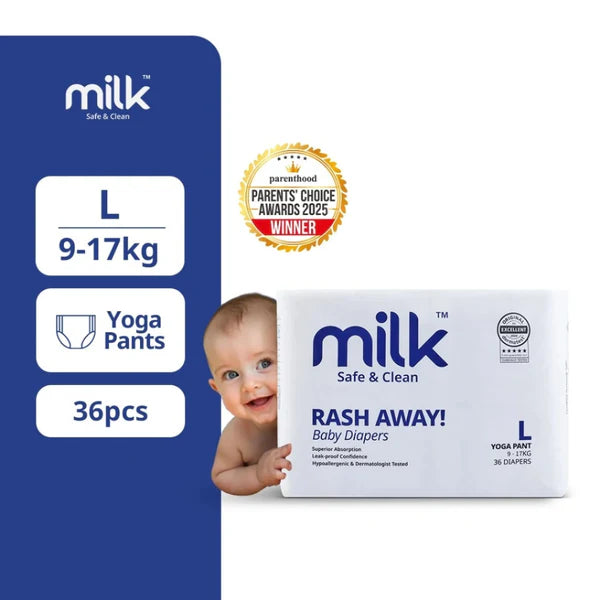 Milk Baby Diaper Yoga Pants, Size L, 36 Pcs, 9 To 17 KG, Carton Box - Dezine Kids