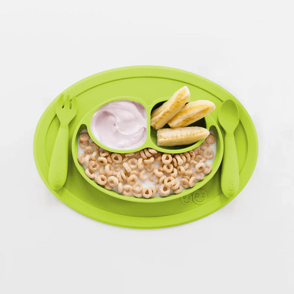 EzPz Mini Feeding Set for Toddlers (Mat, Spoon & Fork)- Lime