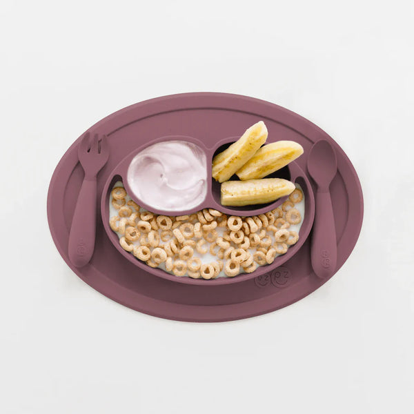EzPz Mini Feeding Set for Toddlers (Mat, Spoon & Fork)- Mauve