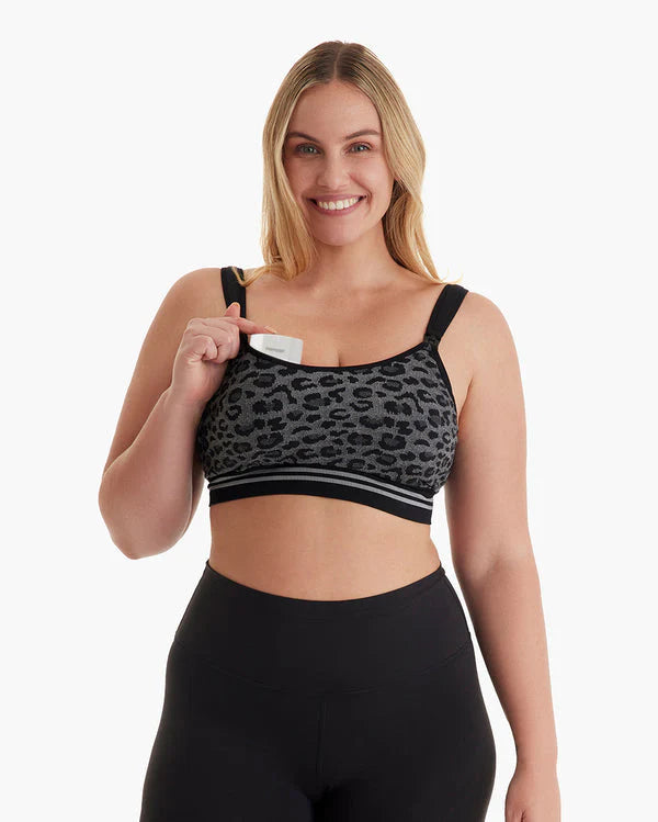 Momcozy 4 in 1 Hand Free Seamless Stretch Fabric Pumping Bra - Leopard Grey