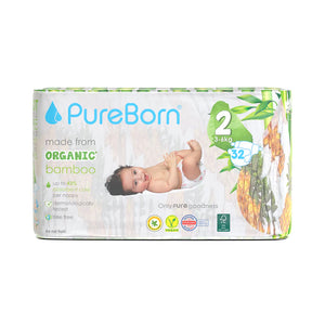 Pureborn Organic Bamboo Diapers Assorted Print Size 2 (3-6 Kg) - 32 Count