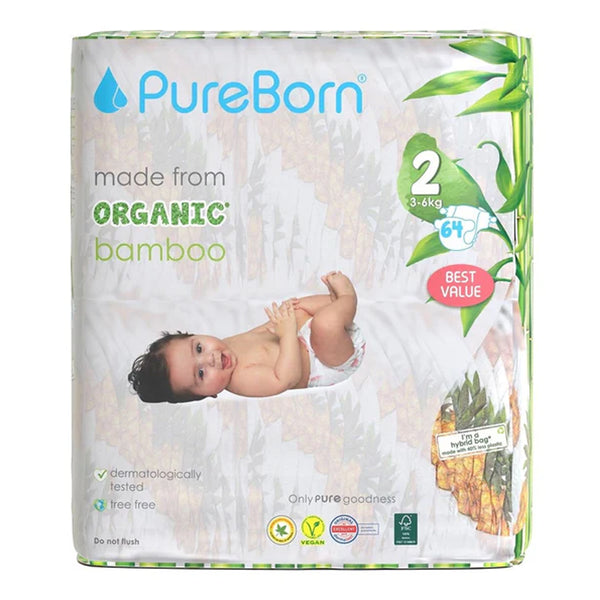 Pureborn Organic Bamboo Diapers Assorted Print Size 2 (3-6 Kg) - 64 Count