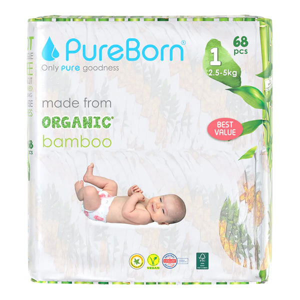 Pureborn Organic Bamboo Diapers Assorted Print Size 1 (Upto 5 Kg) - 68 Count