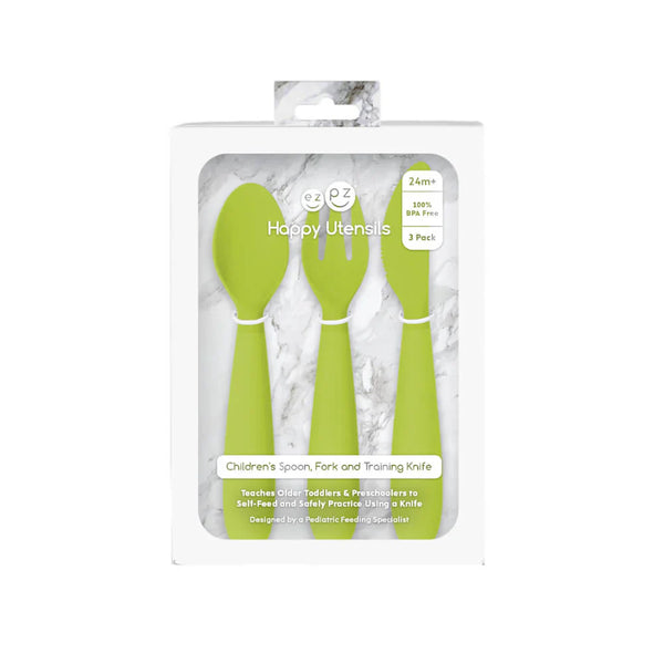 EzPz Happy Utensils for Toddlers(Spoon, Fork & Knife) - Lime