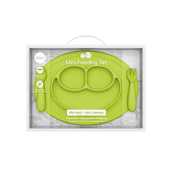 EzPz Mini Feeding Set for Toddlers (Mat, Spoon & Fork)- Lime
