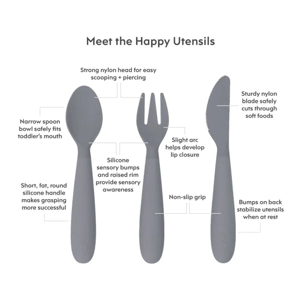 Happy Utensils for Toddlers(Spoon, Fork & Knife) - Grey - Dezine Kids