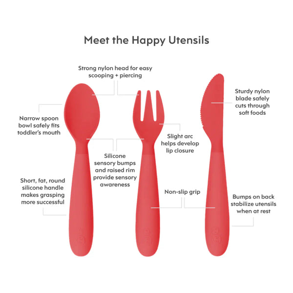 Happy Utensils for Toddlers(Spoon, Fork & Knife) - Coral